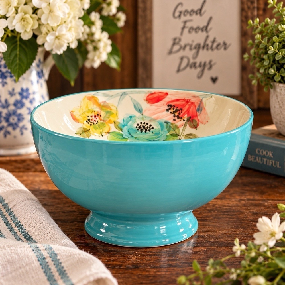 The Pioneer Woman Teal Blue Floral Footed Bowl 6.25" Stoneware China